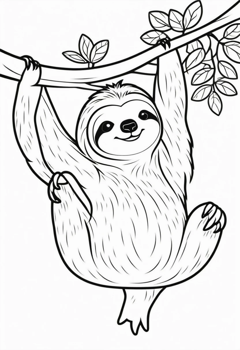FUNNY KAWAII  CUTE SLOTH HANGING OF A TREE CONTOUR VECTOR IMAGE,