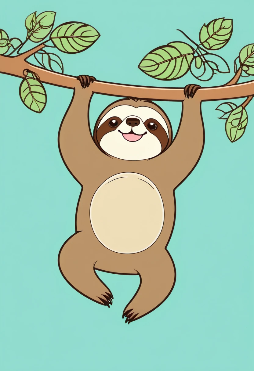 FUNNY KAWAII CUTE SLOTH HANGING OF A TREE CONTOUR VECTOR IMAGE,