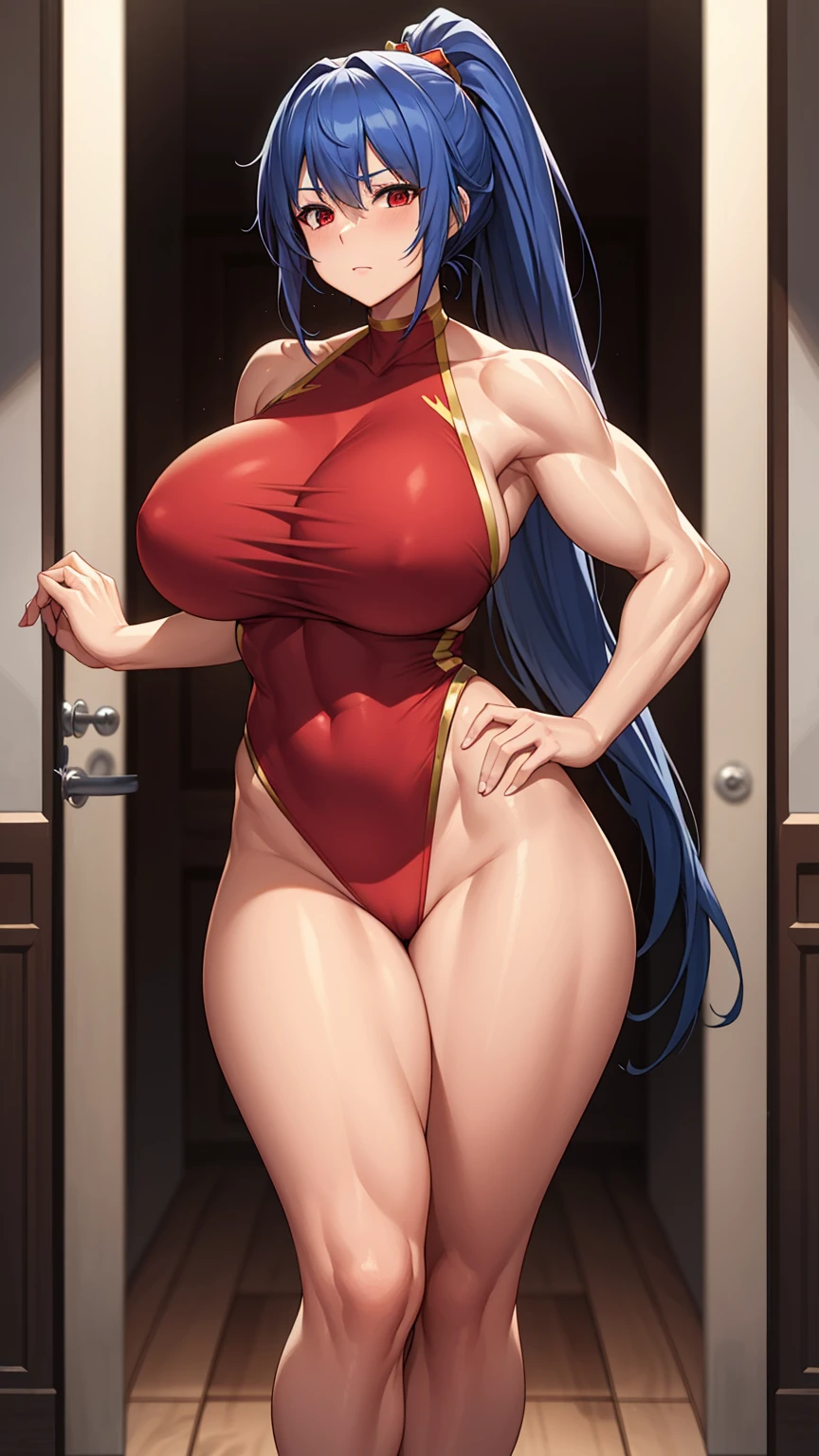 Amazon Woman, slim but muscular body, huge , long legs, blue hair, ponytail hairstyle, red eyes, i don't'don't have shoes, combat uniform, 8K, hd, masterpiece, full body, white background, full body shot, mature mature woman,ous waist circumference, big ass, plus size mode