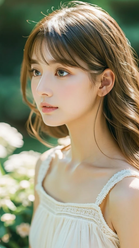 A girl in a garden, beautiful detailed eyes, beautiful detailed lips, extremely detailed eyes and face, long eyelashes, oval face, high cheekbones, small delicate nose, soft rounded chin, natural light makeup, light brown wavy shoulder-length hair with side bangs, wearing a flowing dress, elegant jewelry