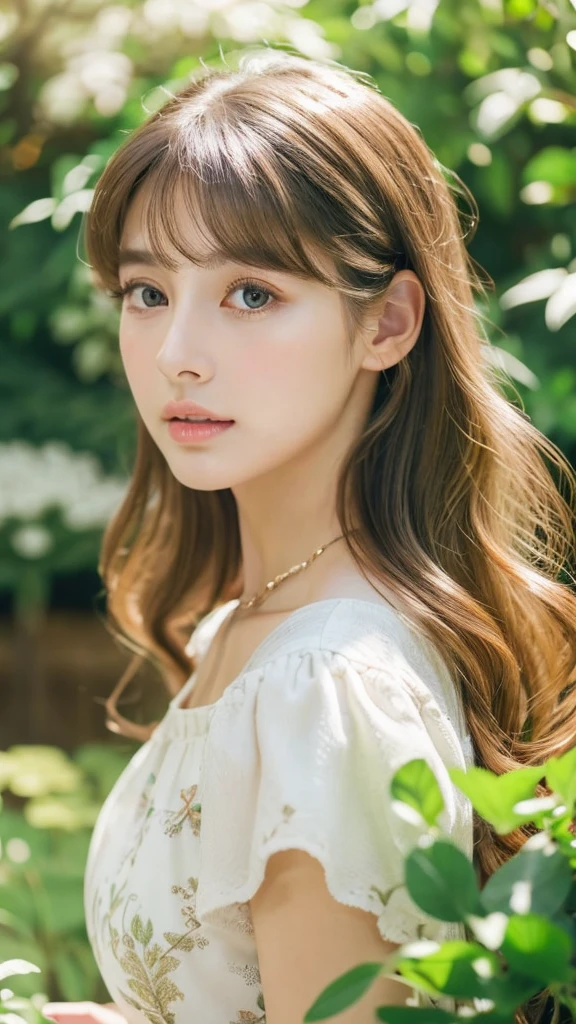 A girl in a garden, beautiful detailed eyes, beautiful detailed lips, extremely detailed eyes and face, long eyelashes, oval face, high cheekbones, small delicate nose, soft rounded chin, natural light makeup, light brown wavy shoulder-length hair with side bangs, wearing a flowing dress, elegant jewelry