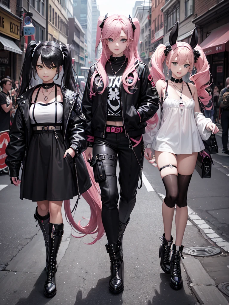 Character description:
Hair and Hairstyle:
long wavy pastel pink hair.
Black bows on both sides of the head, one on each side.
Face and Expression:
Youthful and lively face.
Flirtatious smile and a wink in her left eye.
Vibrant green eyes with an enthusiastic glow.
outfit:
Short black jacket that exposes the shoulders.
White cropped t-shirt with a black graphic design.
Black shorts with lace details and various straps and buckles.
tall black boots.
accessories:
Necklace with a heart-shaped pendant.
yellow earrings.
Small green backpack in the shape of a rabbit with a red cross in one eye and black and white details.
equipment:
Large dark metal box with symbols and letters.
Context and Style:
Character with a confident and outgoing attitude.
Punk and rebellious style, with kawaii touches.
Futuristic or urban fantasy world.
Central figure in a team of adventurers or in an action and exploration story.