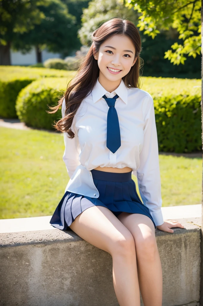 Pure Japanese school girl, wearing uniforms and blouse and skirt, natural makeup, natural hair styles, sweet smile, sitting, professional portrait photography, dazzling summer sunlight, 