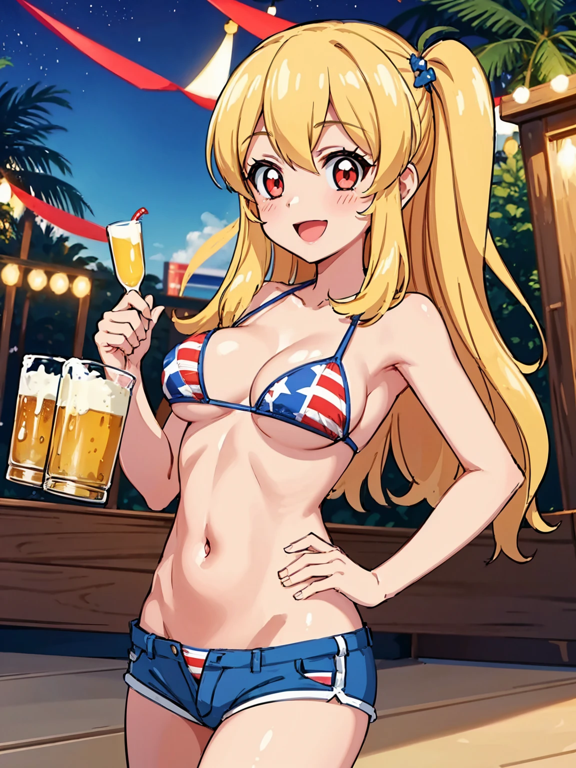 an illustration of a hot girl holding two beers on a beach at night, 1girl, breasts, solo, american flag bikini, flag print, swimsuit, nipples, bikini, shorts, blonde hair, kay (girls und panzer), large breasts, smile, open mouth, long hair, beer, navel, mug, beer mug, short shorts, cup, bikini lift, looking at viewer, bikini top only, blush, alcohol