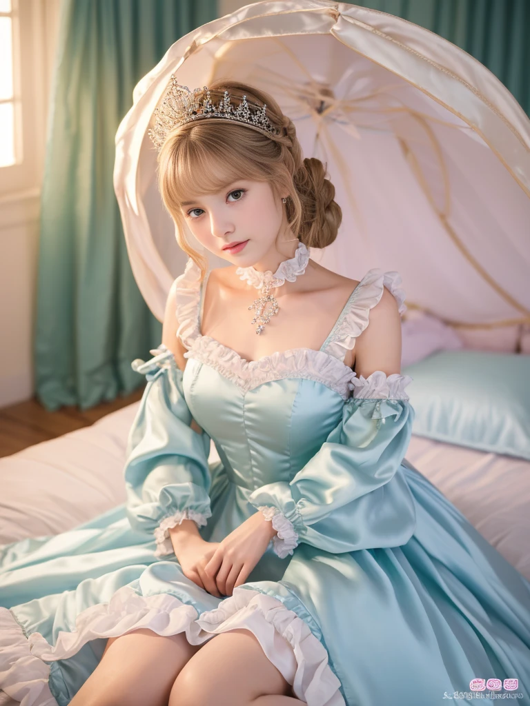 highest quality, masterpiece, highest resolution, artwork, super それにget used to it, many get used to it, get used to it, それにget used to it, 3k realistic pictures,,(( girls)),Ultra-detailed juvenile face,ultra-detailed beautiful little girls,girlsrincess,full length ball gown dress with hoop skirt,ruffled yoke collar,puff sleeves,long sleeve,((Lolita style light blue detailed princess satin dress with lots of ruffles and ribbons)),Rococo style lolita fashion,shiny satin dress,Soft and smooth fabric,detailed princess dress,luxury,long blonde hair,blue eyes,white skin european,Pajama,((in the bedroom of the palace)),luxury princess canopy king size pink bed,shiny satin sheets,ultra-detailed princess bed,High-quality background,lot of frilled pillows,on the bed,