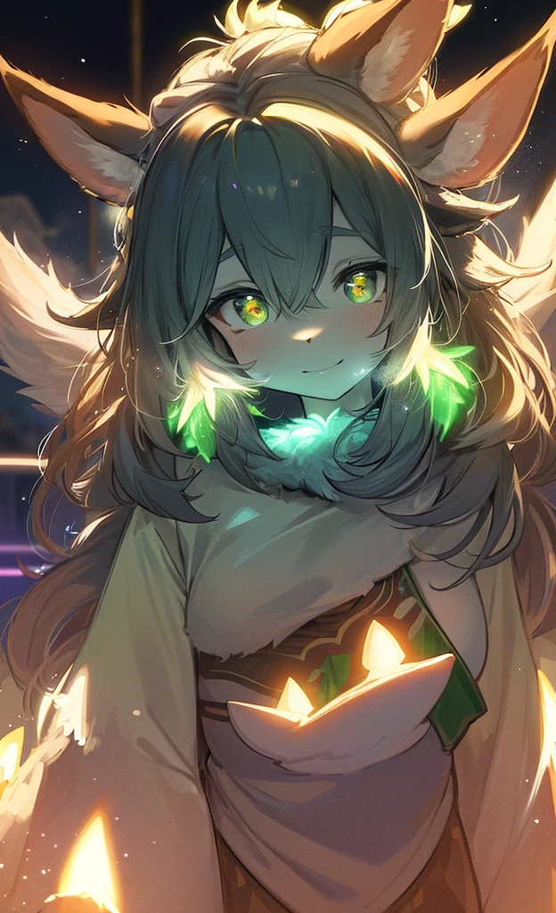 hairy pubic, White fur, hyper cute face, Green element on fur, little breast, Glowing T-shirt, Beautiful lights and shadows, ambient lights, Ultra-detailed fur, volumettic light,deers,deers,deers,deers