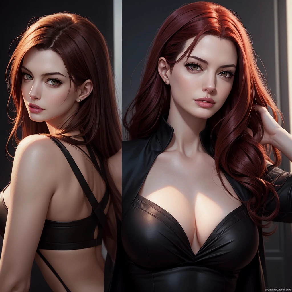 there is a woman with face of Anne Hathaway morphed with Angelina Jolie with red hair and a black dress, charlie bowater rich deep colors, stunning digital illustration, portrait of beautiful vampire, artgerm greg rutkowski _ greg, artgerm and warren louw, charlie bowater character art, artgerm julie bell beeple, style of charlie bowater, artgerm and lois van baarle