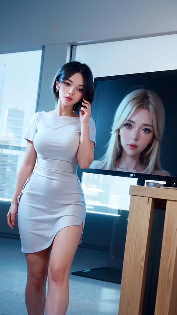 a news presenter in a modern, minimalist news presentation room, elegant interior design, natural lighting, 8k, high quality, photorealistic, cinematic, professional, detailed facial features, expressive body language, seamless 3d render, award winning composition