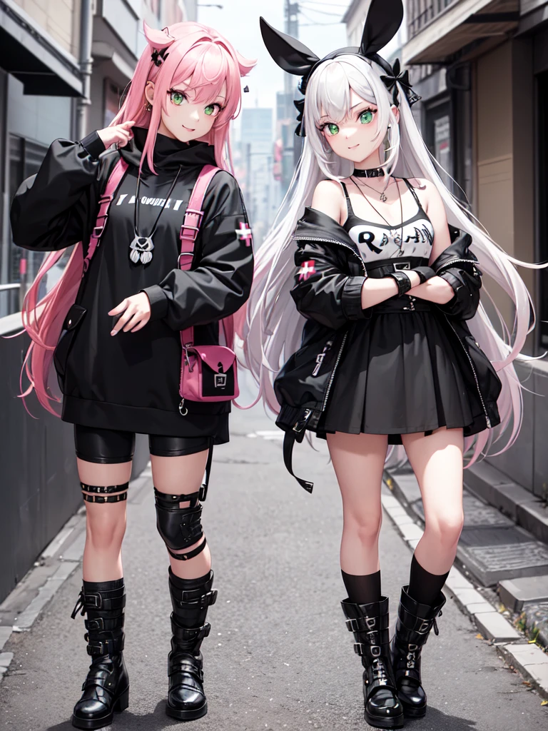 Character description:

    Hair and Hairstyle:
        Long wavy pastel pink hair.
        Black bows on both sides of the head, one on each side.

    Face and Expression:
        Youthful and lively face.
        Flirtatious smile and a wink in his left eye.
        Vibrant green eyes with an enthusiastic glow.

    Outfit:
        Short black jacket that exposes the shoulders.
        White cropped t-shirt with a black graphic design.
        Black shorts with lace details and various straps and buckles.
        High black boots.

    Accessories:
        Necklace with a heart-shaped pendant.
        Yellow earrings.
        Small green backpack in the shape of a rabbit with a red cross in one eye and black and white details.

    Equipment:
        Large dark metal box with symbols and letters.

Context and Style:

    Character with a confident and outgoing attitude.
    Punk and rebellious style, with kawaii touches.
    Futuristic or urban fantasy world.
    Central figure in a team of adventurers or in a story of action and exploration.

