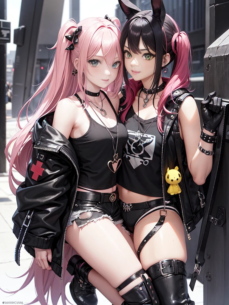 Beautiful Girl Harem girl with A smile top-quality masterpiece 超A high resolution real looking skin Beautiful fece leather jackets blue eyess Colossal tits Pink hair super-detaild skin