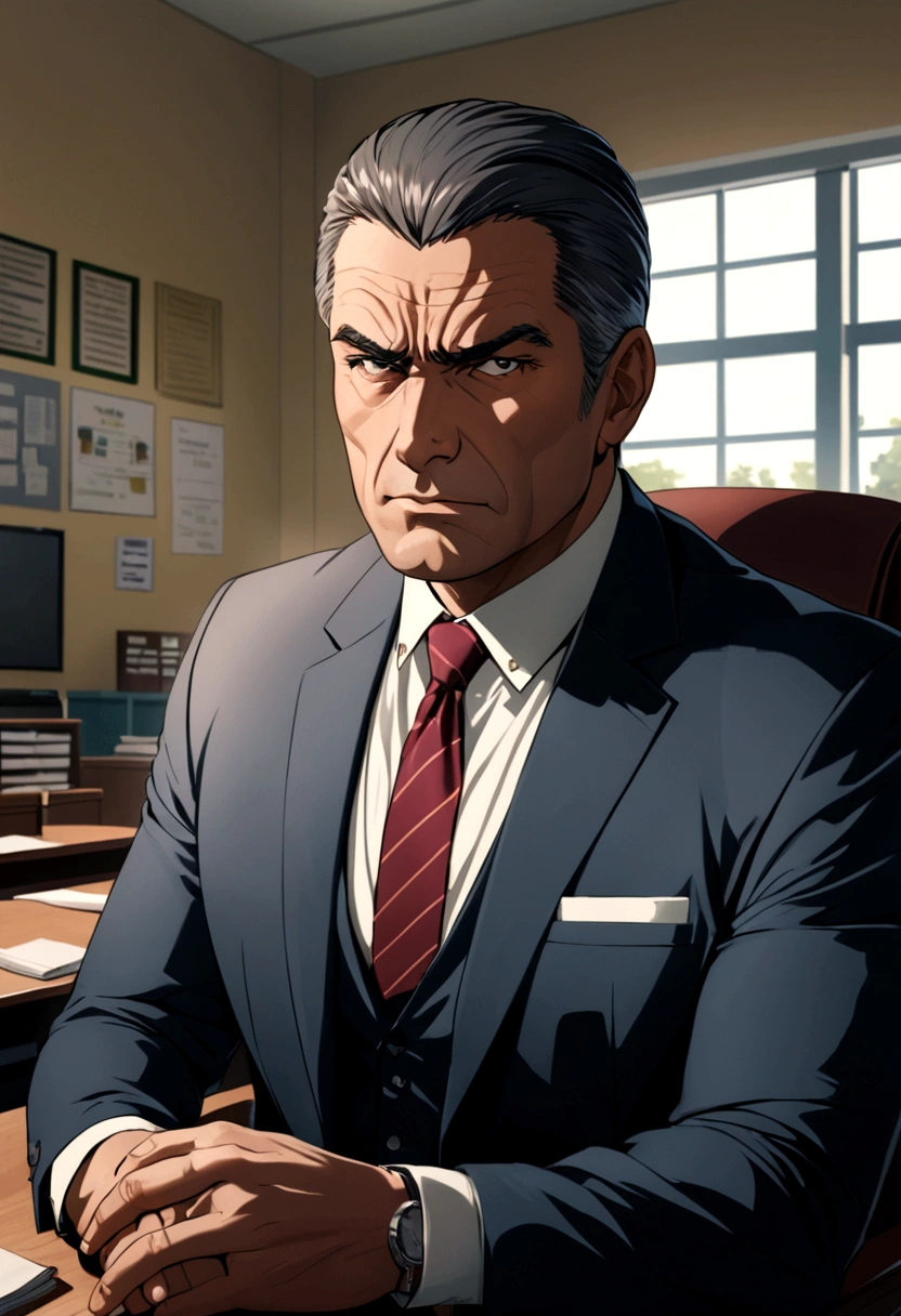 A handsome high school principal sitting in his office with a serious expression