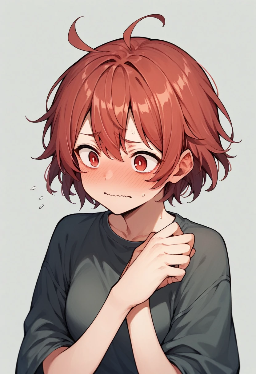 embarrassed, 1 girl, blush, wavy mouth, Sub, Red hair, square haircut , short hair, взрослая woman, high, Red eyes, I'm looking at the viewer, blurred,woman, full-face blush, blurred background, shirt, clap, dark skin, (embarrassed), ((naked)) ,big breasts, ((Side view)) , Spectator between legs, Detailed crotch , ((hands behind your head)),((hands up)) , spread your legs wide , (((bare chest))), Nipples, belt, looking away, silhouette of guys against the background