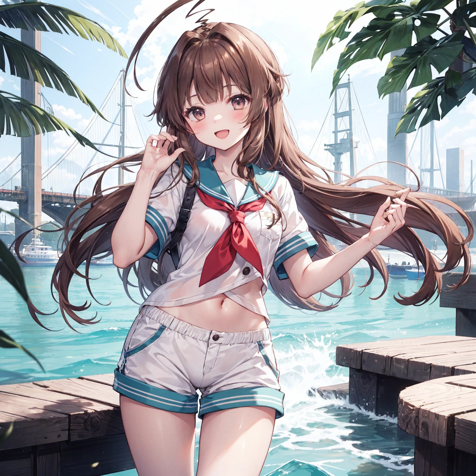 ung_teeirl, brown_hair, long_hair, sailor_uniform,white_ baggy_shorts, short_sleeve, thighs, small_breasts, big_smile, open_mouth, standing, harbor_background, slightly_spread_legs, happiness, covered_crotch,ahoge,XD,exciting,