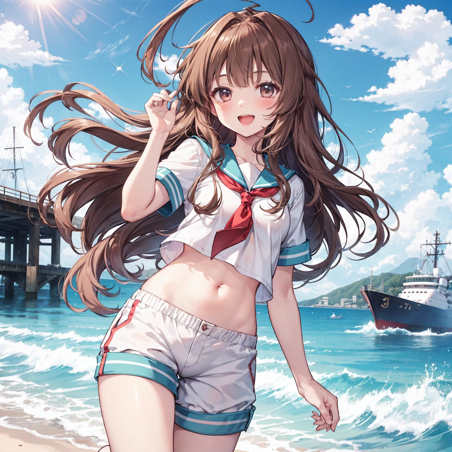 1young_teen_ girl, brown_hair, long_hair, sailor_uniform,white_ baggy_shorts, short_sleeve, thighs, small_breasts, big_smile, open_mouth, standing, harbor_background, slightly_spread_legs, happiness, covered_crotch,ahoge,XD,exciting,
