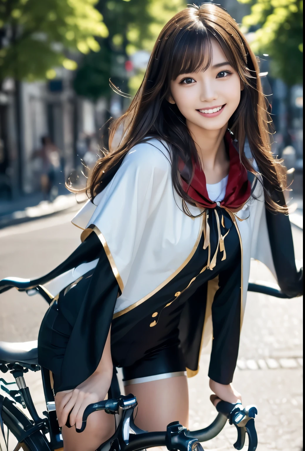 (masterpiece, best quality:1.1), (8K, raw photo, photo realistic:1.2, f22), (shiny skin),japanese,detailed skin,long hair,ribbon,detailed face, detailed eyes,smile,BREAK, real world, intricate details, smil, BREAK, 1girl, full body,(short sleeve,cape,black),BREAK ,(bicycle:1.4)