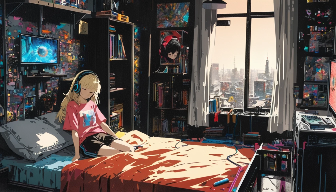 Super detailed:1.3, (Absurd, texture, masterpiece), pixiv Contest Winner, John Berkey, Dynamic cartoon style illustration,Oversized T-shirt、stand lighting、Colored pencil style、anime bedroom scene of 2 girls wearing headphones sitting on a bed playing a video game,Room with a window、High precision、detailed、８K,Dark aesthetic,Euphoric,Black shorts,Beautiful woman,Old alley background, Dozing off,Crayon colored Zentangle,overview,Anime key visual,
