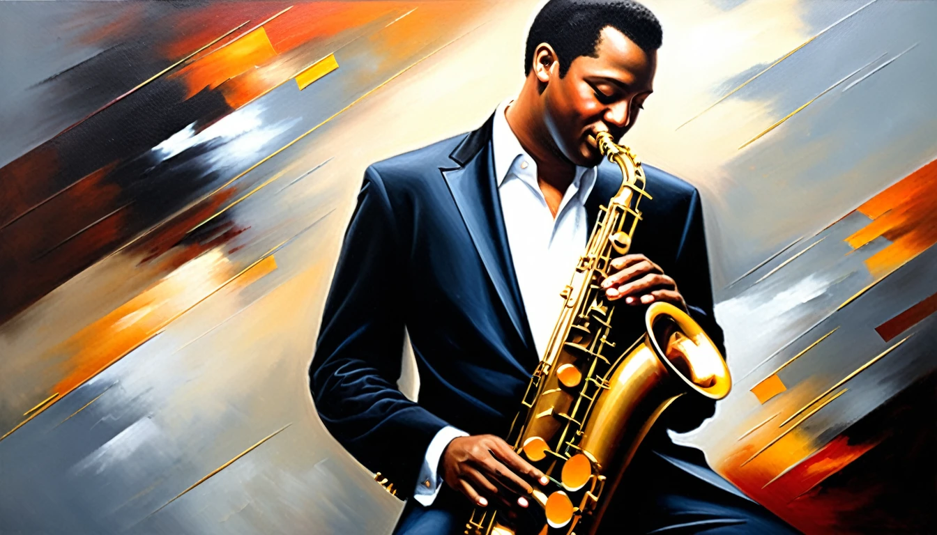 masterpiece, Highest quality, Oil painting, jazz, Tenor saxophone