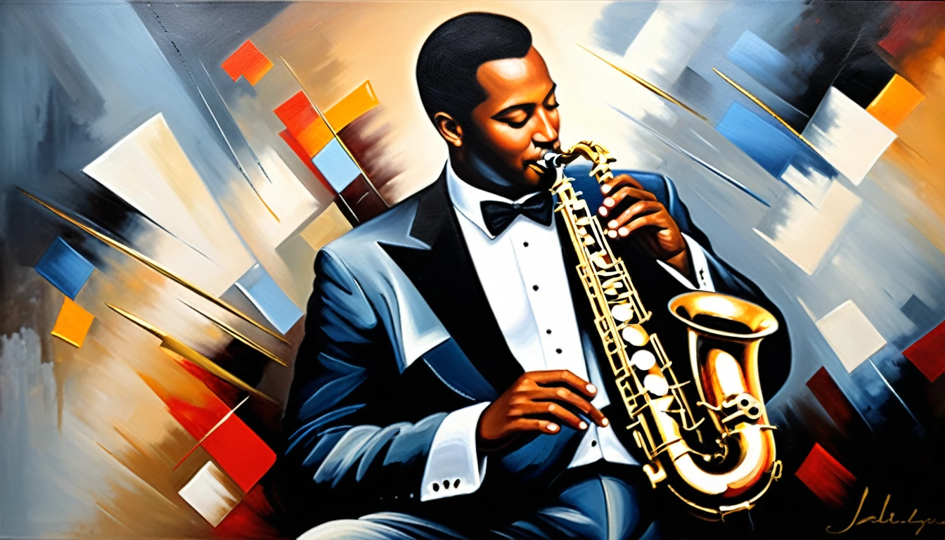 masterpiece, Highest quality, Oil painting, jazz, Tenor saxophone