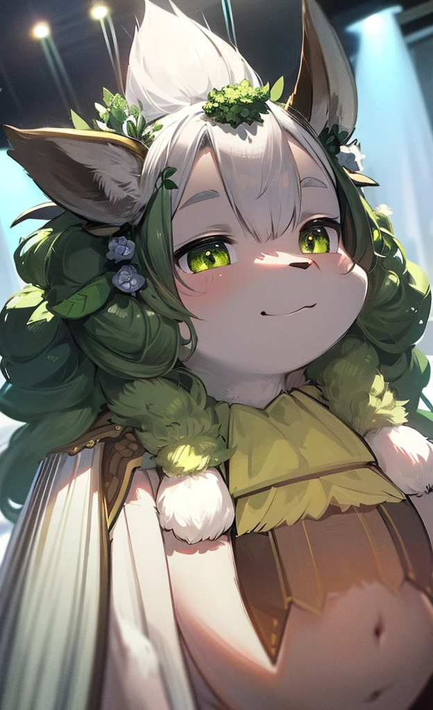 hairy pubic, White fur, hyper cute face, Green element on fur, little breast, completely naked, Beautiful lights and shadows, ambient lights, Ultra-detailed fur, volumettic light,deers,deers,deers,deers
