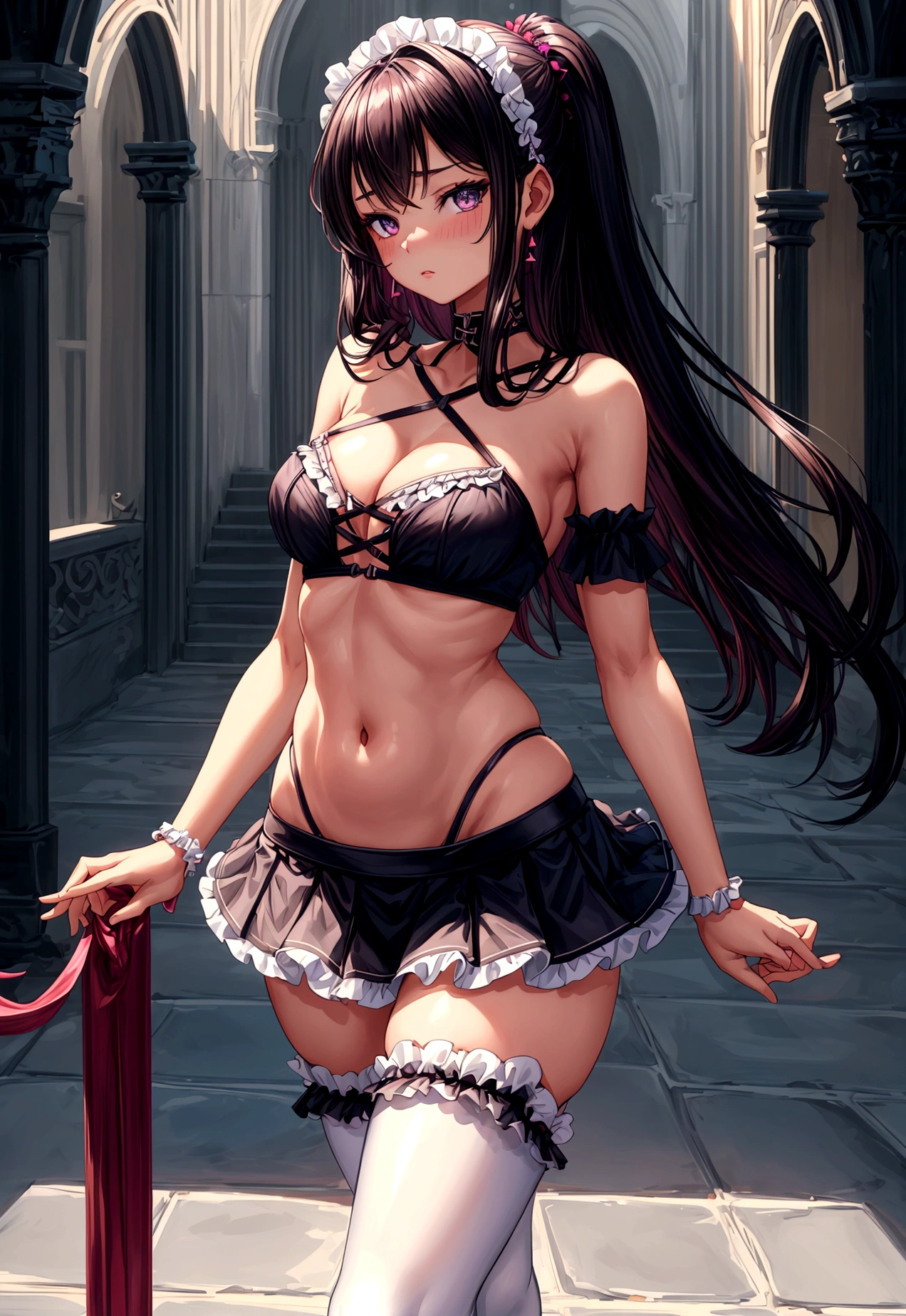 (crisscross bikini crop top, frilly miniskirt, thigh high pantihose ),gorgeous, masterpiece, best quality, high-resolution, finely detailed, extremely detailed and beautiful, distinct-image, 1 girl, 16 year old ager, solo, sharp facial features, oval shaped face. cherry pink lips, lightly tanned white skin. velvet-colored eyes, C-cup breasts, tall height(175cm), slim yet chiseled body type, short shoulder length dark violet-black hair, small narrow waist, long and slender legs, curvy wide hips, elegant Gothic training courtyard setting