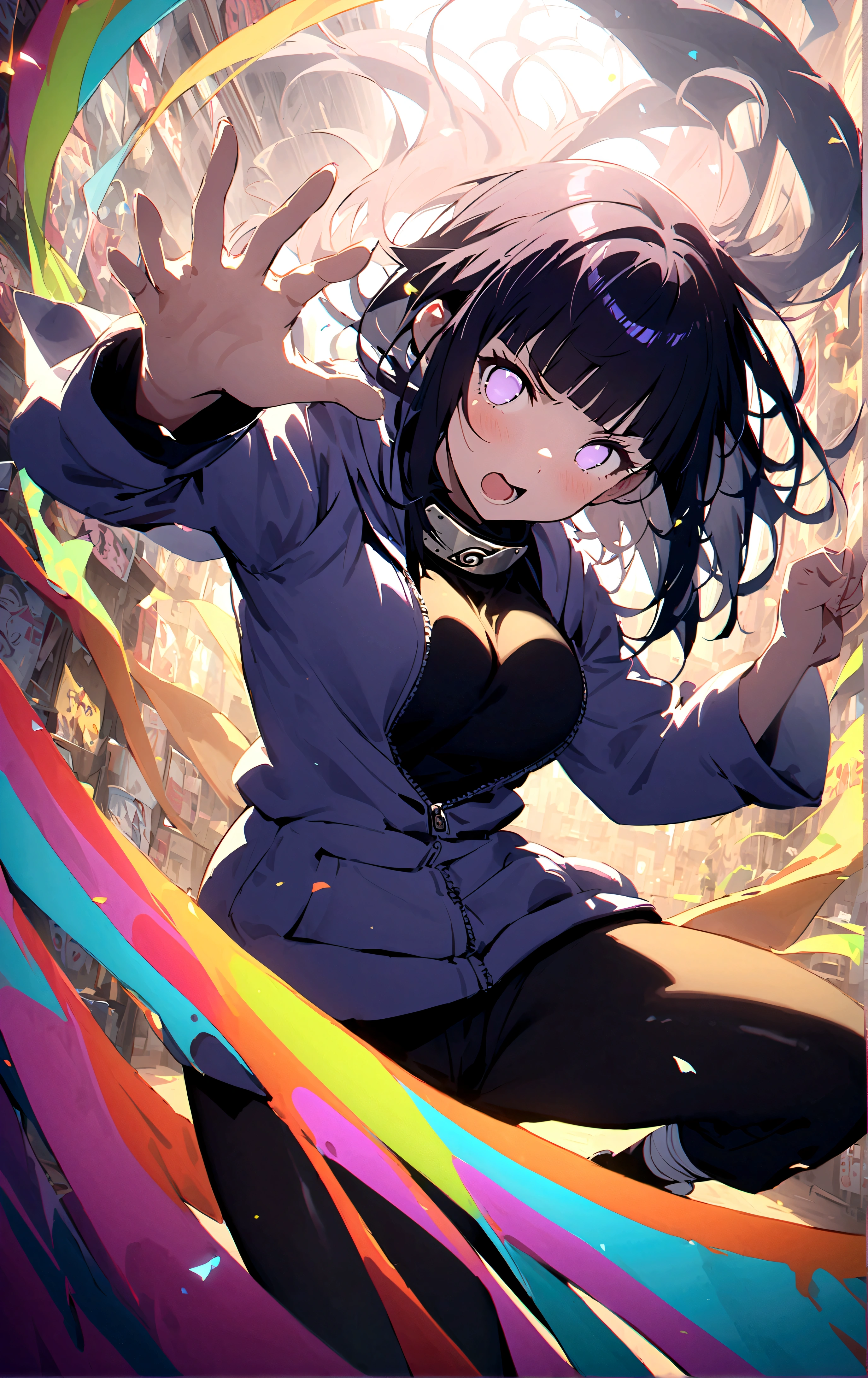 One girl、Hyuuga Hinata、Naruto \(series\)、Angry、Put your hands together、fit fingers、Hand gestures、Wind、Tai Chi Bagua Background、Dynamic pose、Spread your legs、Real、、Score 9,Score 8_up,score 7_up,Score 6_up,score 5_up,Score 4_up、