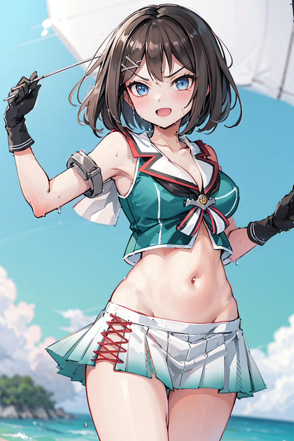 1young_teen_ girl, , brown_hair, medium_bob_hair, blue_midriff_baring_sailor_uniform, mini_skirt, short_sleeve, thighs, big_breasts, angry, smile, open_mouth, standing, harbor_background, slightly_spread_Legs, happiness, short_gloves, wet,,covered_nipples, covered_crotch,Maya_flag,