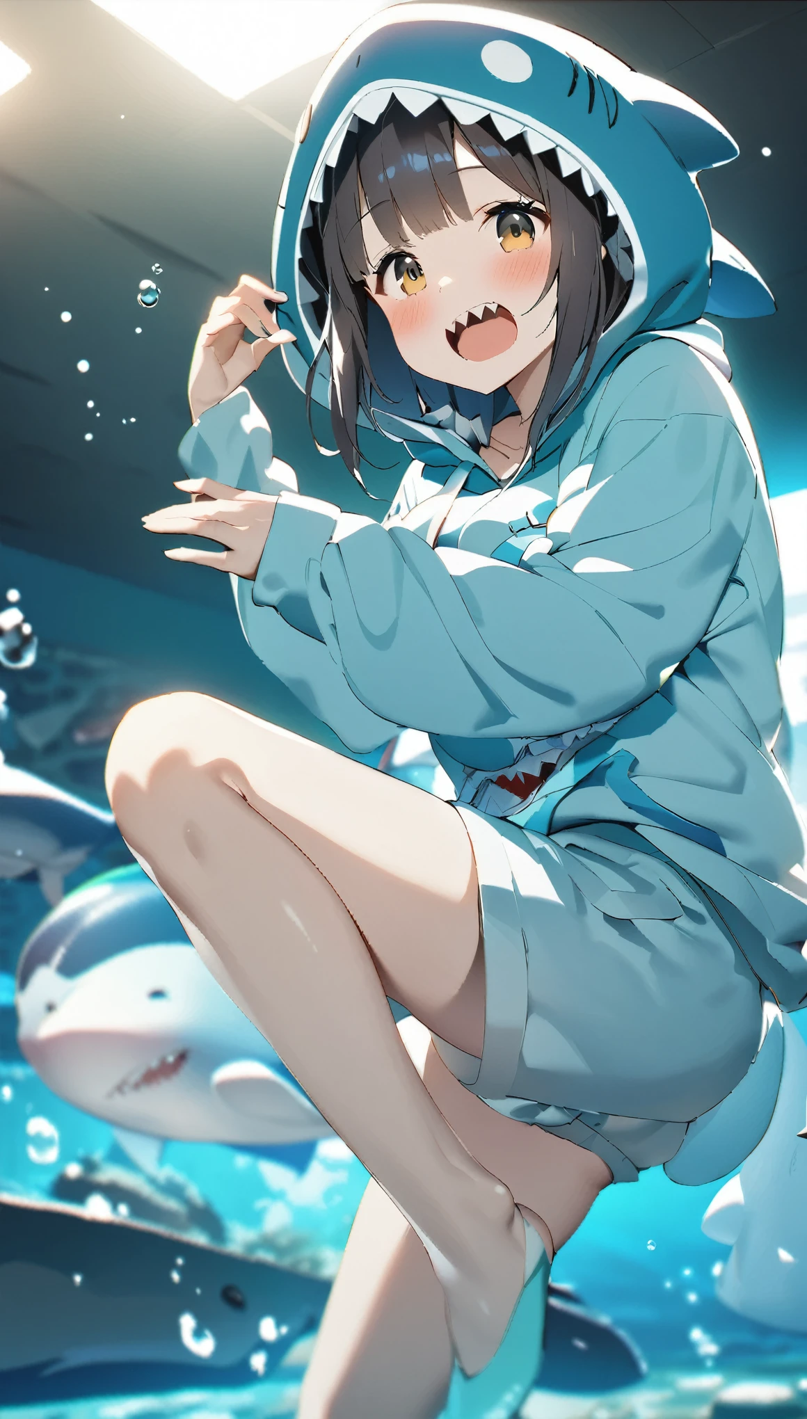 Highest quality、masterpiece:1.3、Perfect Anatomy、One Girl、Shark-chan、かわいいShark-chan、Shark-themed hoodie、Shark teeth on the hood、Wearing a hood、Light Blue Hoodie、Girl with open mouth、Sharp teeth、Shark themed hoodie、Light blue culottes、Random pose、break、aquarium、Large aquarium、美ら海aquarium、Highly detailed whale shark、A whale shark swimming gracefully in the tank、暗いaquarium、Low light、