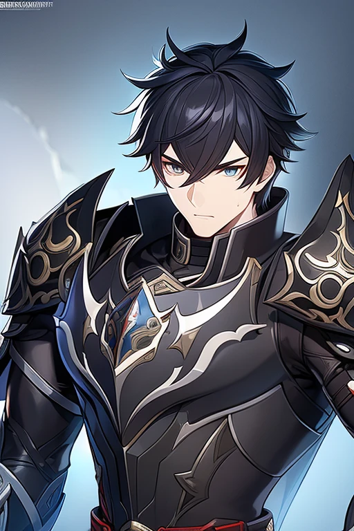 (work of art, best qualityer, face perfect, expressive eyes), Black Knight Armor, black leather cover, details Intricate, black breastplate, a male anime,single character, short black hair with white highlights, barba, visual novel sprite, detailed black armor, high qualiy, cinematic, dramatic pose, details Intricate, swirly vibrant colors, work of art, impacto genshin.