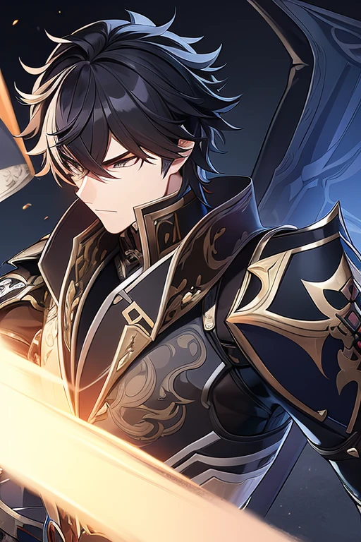 (work of art, best qualityer, face perfect, expressive eyes), Black Knight Armor, black leather cover, details Intricate, black breastplate, a male anime,single character, short black hair with white highlights, barba, visual novel sprite, detailed black armor, high qualiy, cinematic, dramatic pose, details Intricate, swirly vibrant colors, work of art, impacto genshin. 
