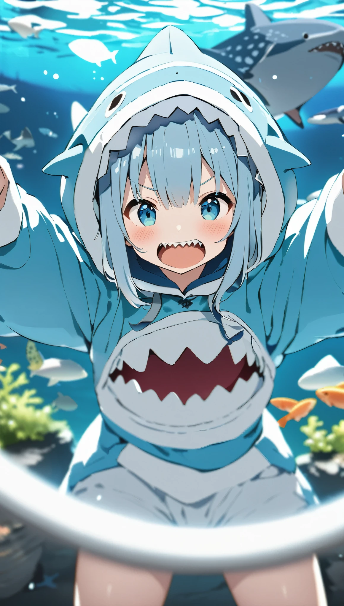 Highest quality、masterpiece:1.3、Perfect Anatomy、One Girl、Shark-chan、かわいいShark-chan、Shark-themed hoodie、Shark teeth on the hood、Wearing a hood、Light Blue Hoodie、Girl with open mouth、Sharp teeth、Shark themed hoodie、Light blue culottes、Random pose、break、aquarium、Large aquarium、美ら海aquarium、Highly detailed whale shark、A whale shark swimming gracefully in the tank、暗いaquarium、Low light、