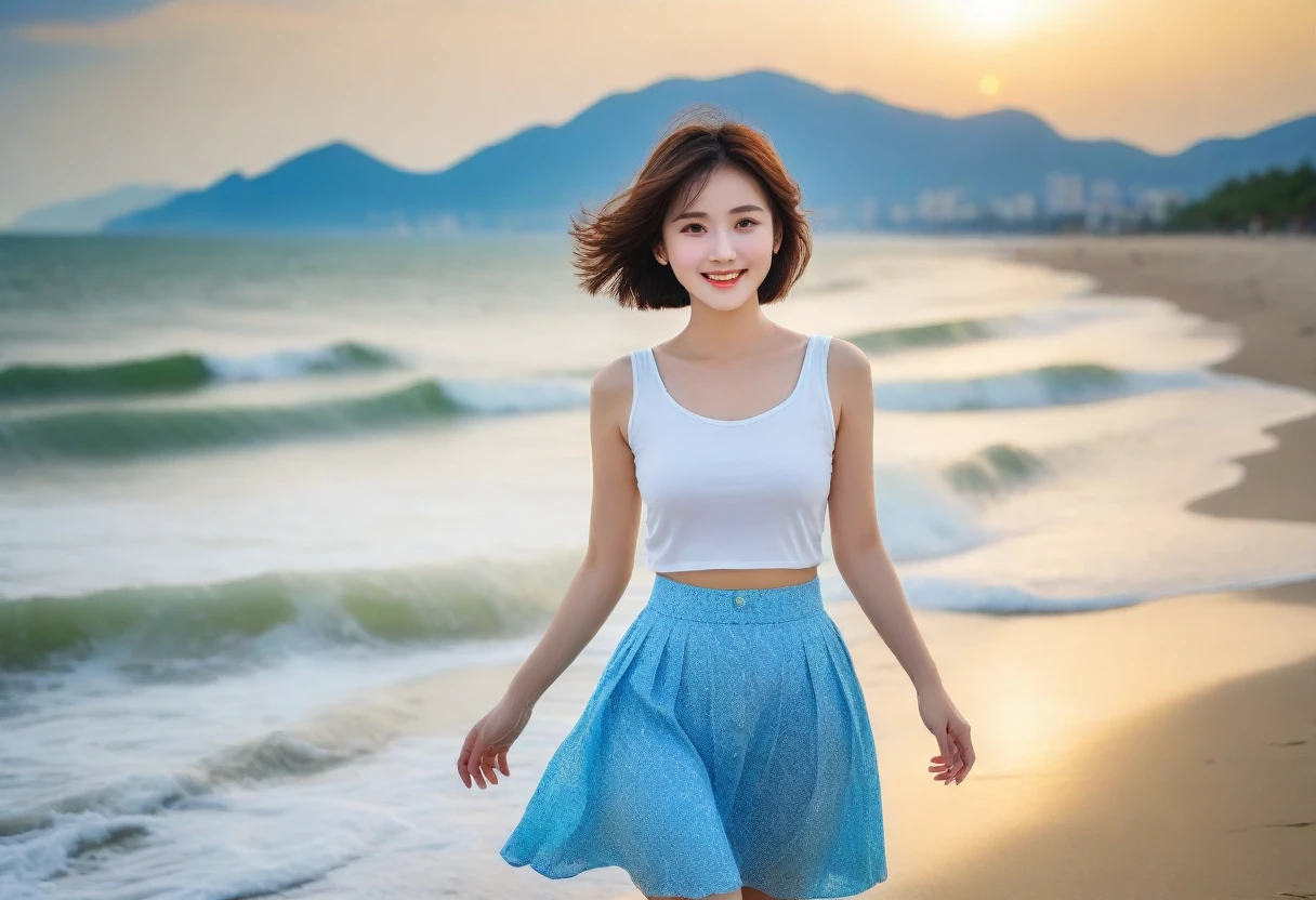 beautiful korean girl, Chest size 34 inches, Wear sleeveless, light skirt, red light on the beach at sunset. beautiful pretty woman look , wearing a light skirt , Go far into the sea water and dip your toes., Short medium hair blowing in the wind, 1 woman, beautiful eyes, a little smile, Beach with waves in Da Nang, Vietnam, I see palm trees, Photo taken from a distance with a wide-angle lens, best high definition, perfect sea view, whole body. The background is clear