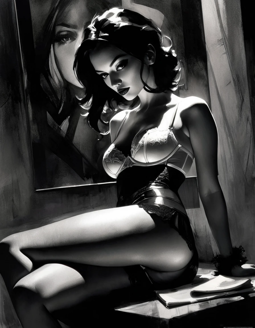 eroticism, sexy, black and white image,lingerie, between shadows, oil painting, chiaroscuro, sensual, dramatic lighting, moody atmosphere, photorealistic, intricate details, masterpiece, ultra-detailed, high quality, 8k, best quality, realistic, cinematic, dark and brooding, expressionistic, powerful composition, emotional impact, Bill Sienkiewicz inspired art
