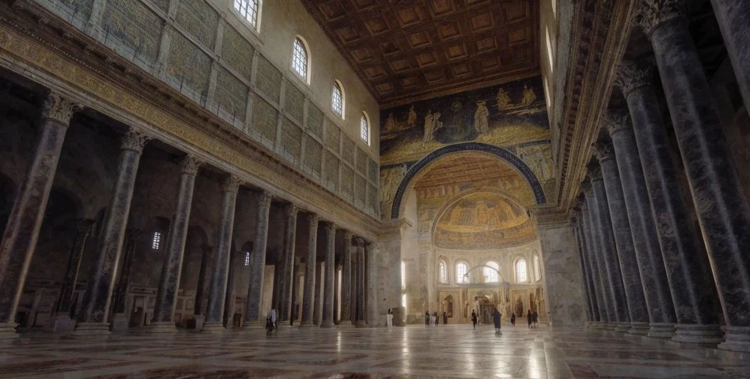 arafed view of a large cathedral with a large ceiling, interior of the old cathedral, inside view, with great domes and arches, by Cimabue, by Taddeo Gaddi, the narthex, in a monestry natural lighting, romanesque style, interior view, in this church interior, by Quirizio di Giovanni da Murano