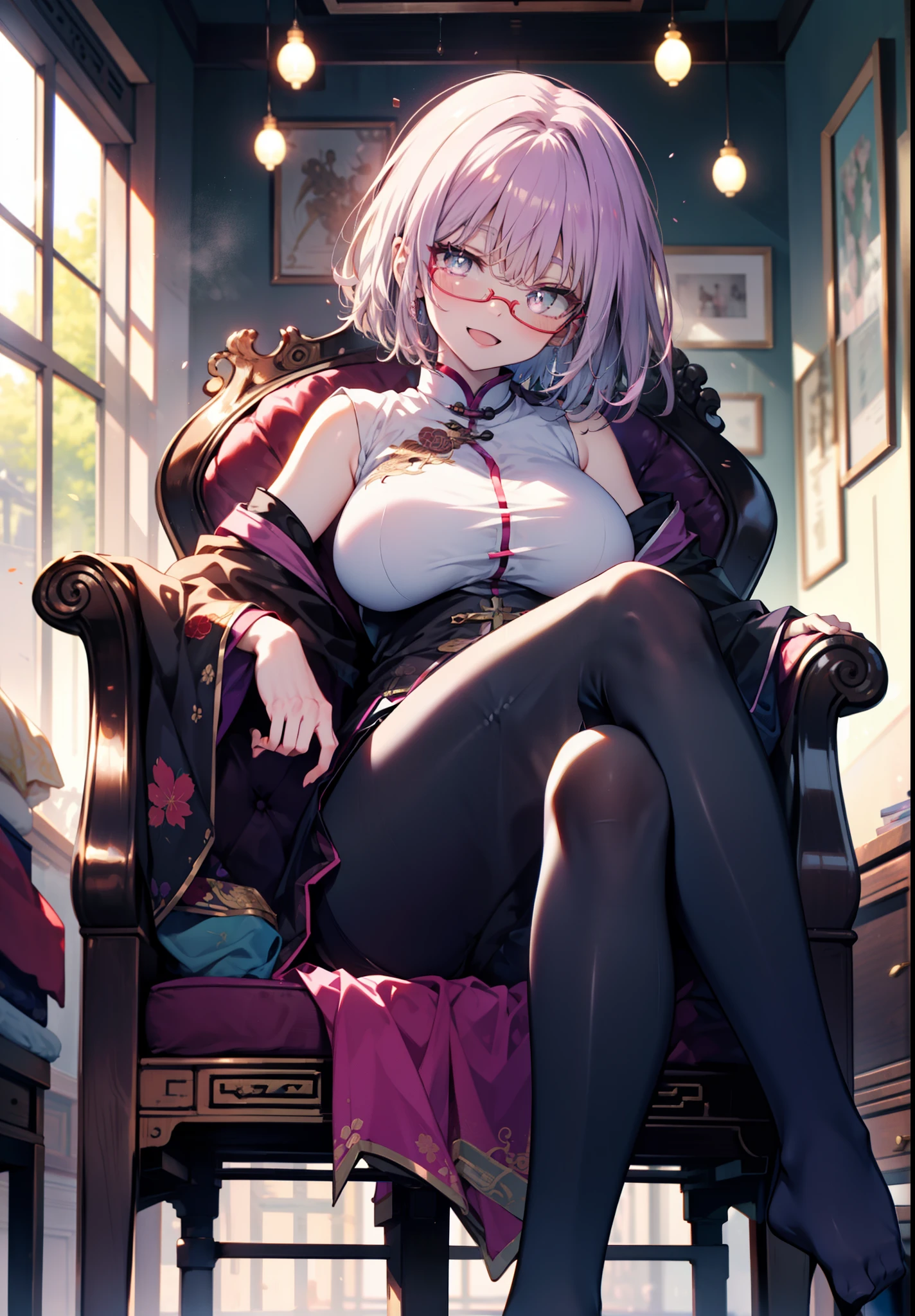 akaneshinjou, shinjou akane, Light purple hair, (Pink Eyes:1.2), happy smile, smile, Open your mouth,short hair,Red-rimmed glasses,hair band,Big Breasts,Sleeveless purple cheongsam,Long slit,Black pantyhose,sitting cross-legged on a chair,
break looking at viewer, whole body, break indoors, room, break (masterpiece:1.2), Highest quality, High resolution, unity 8k wallpaper, (shape:0.8), (Beautiful and beautiful eyes:1.6), Highly detailed face, Perfect lighting, Extremely detailed CG, (Perfect hands, Perfect Anatomy),