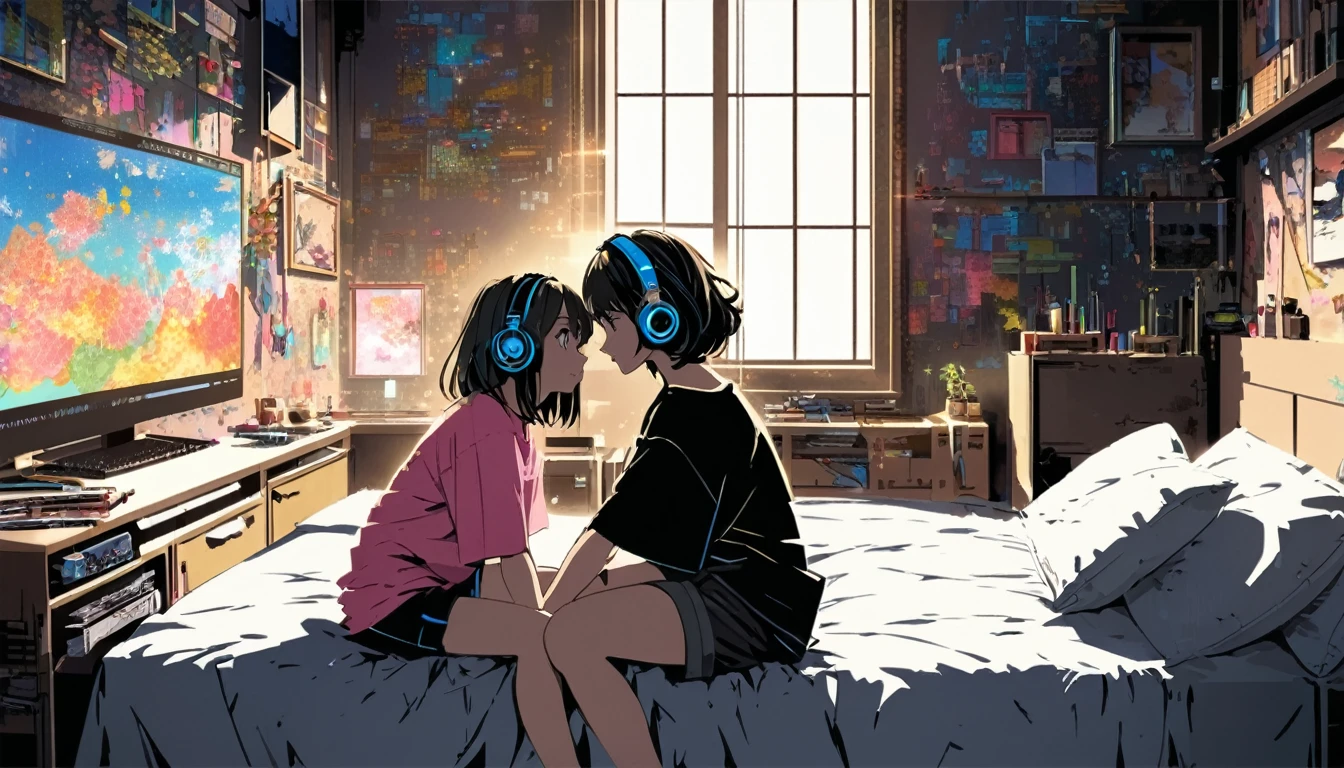 Super detailed:1.3, (Absurd, texture, masterpiece), pixiv Contest Winner, John Berkey, Dynamic cartoon style illustration,Oversized T-shirt、stand lighting、Colored pencil style、anime bedroom scene of 2 girls wearing headphones sitting on a bed playing a video game,Room with a window、High precision、detailed、８K,Dark aesthetic,Euphoric,Black shorts,Beautiful woman,Old alley background, Dozing off,Crayon colored Zentangle,overview,Anime key visual,
