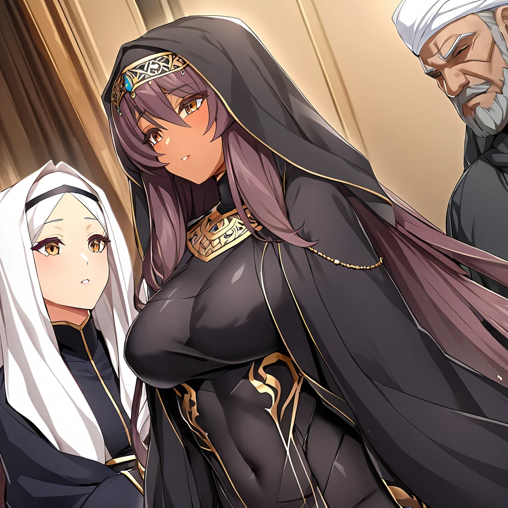 ((Highest quality)), ((masterpiece)), (detailed), （Perfect Face）、Women must wear black hijabs and niqabs、The woman is a devout Muslim, Ekstia., Arab with bright brown skin, In an Islamic prayer hall、She wears a gorgeous black abaya with gold embroidery.。, A gorgeous black hijab and niqab tightly covers her head, Gorgeous hair ornament, Gorgeous jewellery and engagement rings. The woman and the man are in a luxurious palace, And the woman、Wearing Arab national dress、In an Islamic prayer hall with a dignified bearded middle-aged Arab Muslim man。.、The woman is elegant and elegant., Blue semi-long hair, Black abaya and、She is wearing a gorgeous, skin-tight black hijab and niqab.. She is a devout Muslim Arab with vibrant brown skin.。.、（The woman was named Extia.、He is a dark-skinned Arab and a devout Muslim.。.）