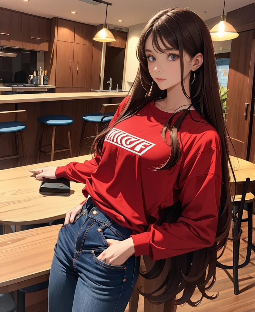(ultra high detailed), high detailed, long hair, hair colour brown, man, standing normal, red shirt and blue jeans pant, normal body,