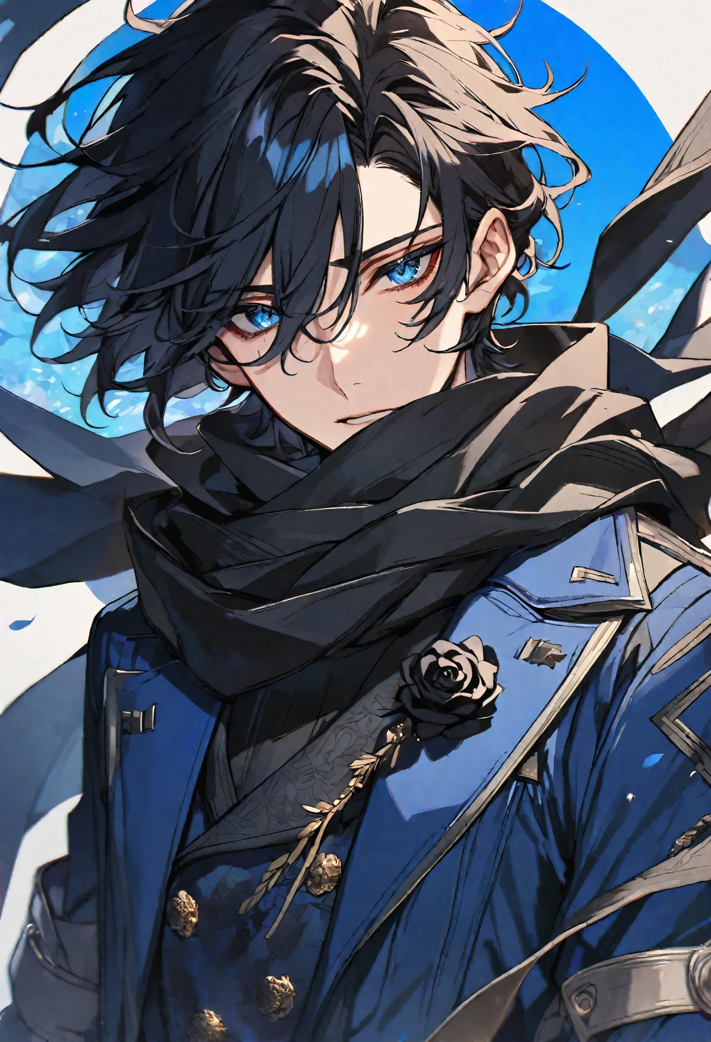 Solo, male, black hair, blue eyes, blue coat, black scarf, black roses