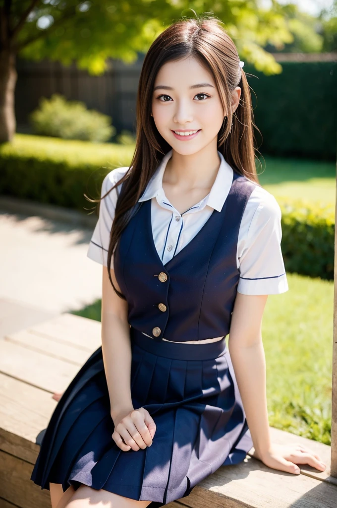 Pure Japanese school girl, wearing uniforms and blouse and skirt, natural makeup, natural hair styles, sweet smile, sexual attractive, sitting and relaxing, professional portrait photography, dazzling summer sunlight, 