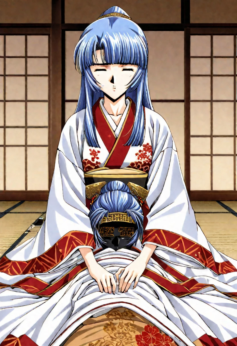 8K　Historical drama style　A beautiful 13-year-old Japanese princess from the Warring States period with short blue hair　Gorgeous embroidery, Ultra glossy, She is wearing a shiny Heian period princess kimono.　She closes her eyes and defecates on the futon.