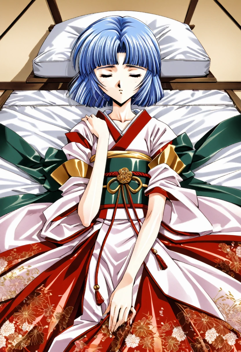 8K　Historical drama style　A beautiful -yeld Jaese princess from the Warring States period with short blue hair　Gorgeous embroidery, Ultra glossy, She is wearing a shiny Heian period princess kimono.　She closes her eyes and defecates on the futon.