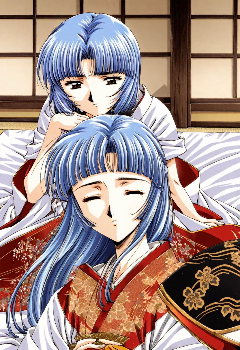 8K　Historical drama style　A beautiful -yeld Jaese princess from the Warring States period with short blue hair　Gorgeous embroidery, Ultra glossy, She is wearing a shiny Heian period princess kimono.　She closes her eyes and defecates on the futon.