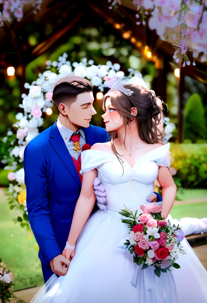 work of art, 1 girl, 1 young boy, don, two people, marriage don, necktie, Couple, ssmile, strapless don, eyes locked, pants, strapless, veil, flowers, long hair, containment, jewerly, mitts, chemise, necklase, bouquet, white pants, containment bouquet, white don, blue colored eyes, white chemise, open jacket, containment hands, elbow mitts, white mitts, white jacket, pink necktie, bridal veil, White background, marriage, husband and wife, long sleeves, long don, pink flowers, shorth hair, standing, capa do romance