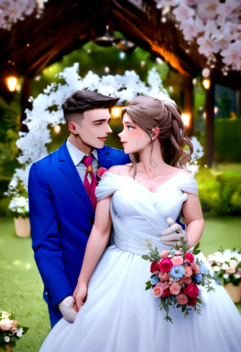 work of art, 1 girl, 1 young boy, don, two people, marriage don, necktie, Couple, ssmile, strapless don, eyes locked, pants, strapless, veil, flowers, long hair, containment, jewerly, mitts, chemise, necklase, bouquet, white pants, containment bouquet, white don, blue colored eyes, white chemise, open jacket, containment hands, elbow mitts, white mitts, white jacket, pink necktie, bridal veil, White background, marriage, husband and wife, long sleeves, long don, pink flowers, shorth hair, standing, capa do romance