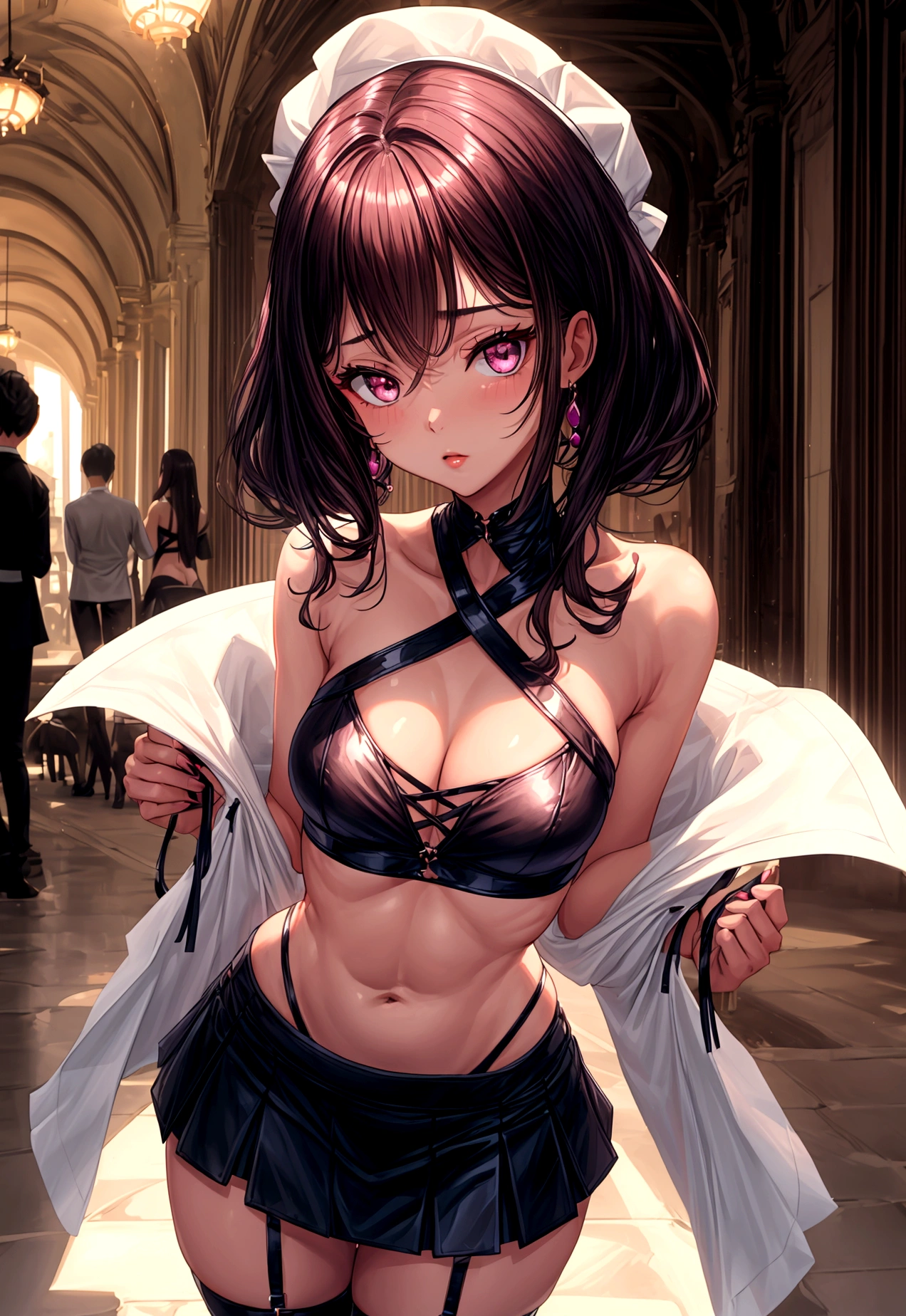 (crisscross bikini crop top, miniskirt, thigh high pantihose ),gorgeous, masterpiece, best quality, high-resolution, finely detailed, extremely detailed and beautiful, distinct-image, 1 girl, 16 year old ager, solo, sharp facial features, oval shaped face. cherry pink lips, lightly tanned white skin. velvet-colored eyes, C-cup breasts, tall height(175cm), slim yet chiseled body type, short shoulder length dark violet-black hair, small narrow waist, long and slender legs, curvy wide hips, elegant Gothic training courtyard setting