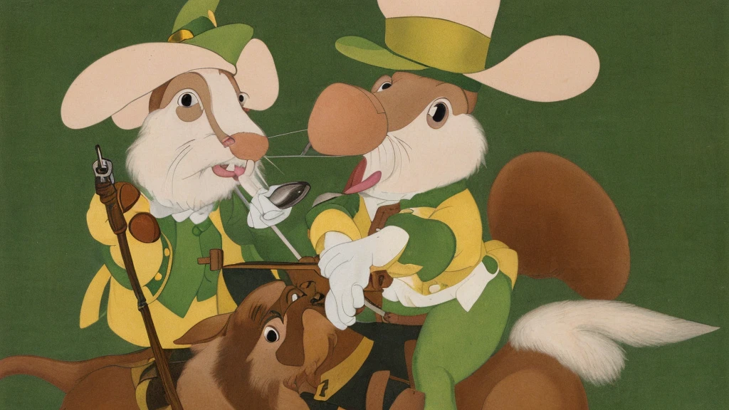 musketeer mouse in beige and green clothes with a beautiful mustache
