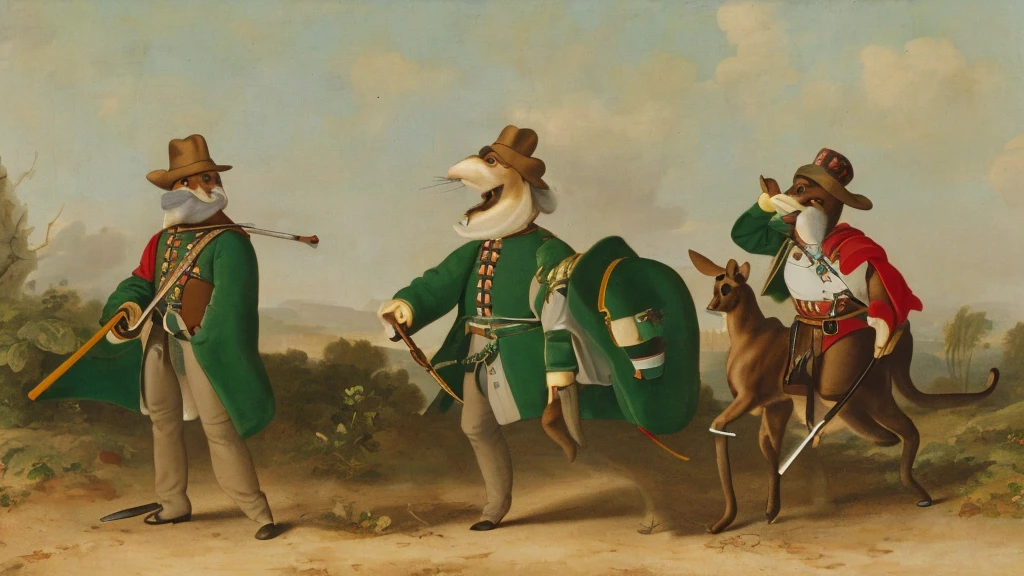 musketeer mouse in beige and green clothes with a beautiful mustache