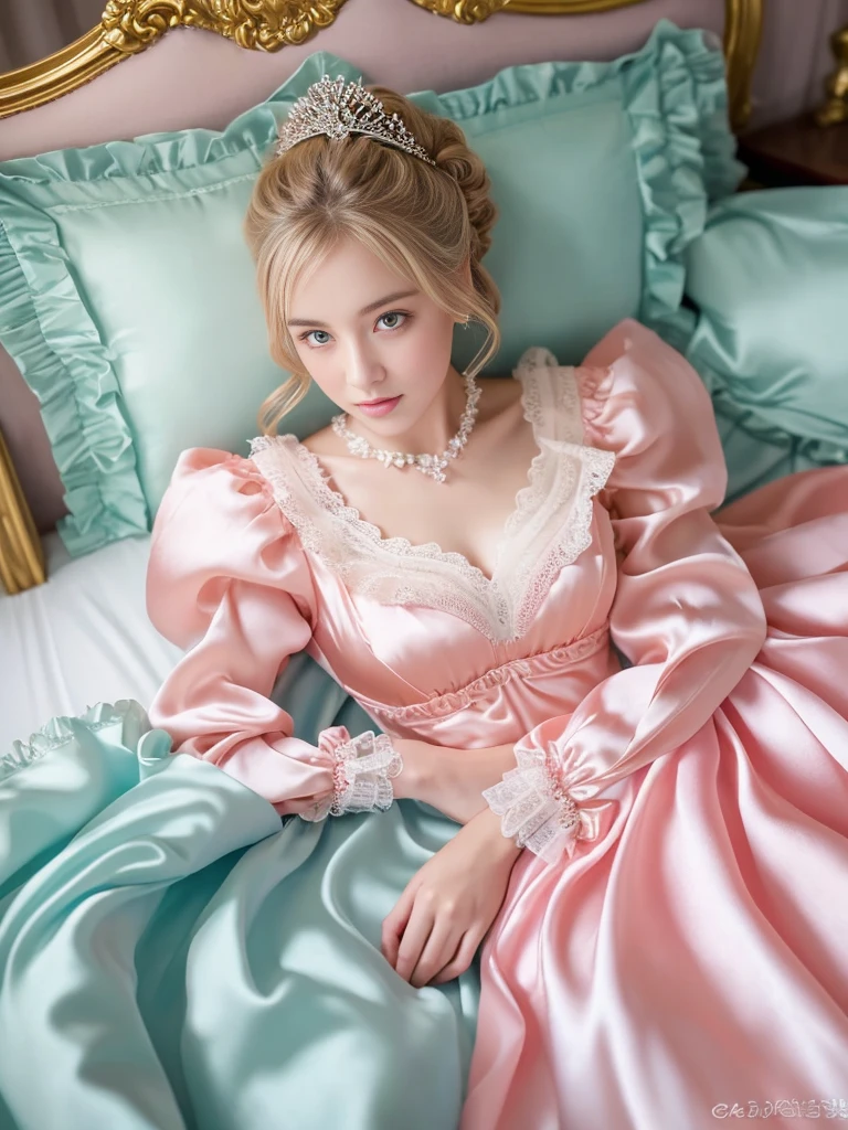 ,highest quality, masterpiece, Highest Resolution, artwork, super それにGet used to it, many Get used to it, Get used to it, それにGet used to it, 3K realistic photos,,((10 year old女の子)),Super detailed baby face,The two woman are princesses,Full-length hot pink ball gown dress with hoop skirt,Frilled yoke collar,Puff sleeves,Long sleeve,((Lolita Style Detailed Princess Satin Dress、Lots of frills and ribbons。)),colorful rococo fashion,shiny satin dress,Soft and smooth fabric,luxury,Long blonde hair,blue eyes,White skin European,pajamas,((Inside the palace)),,,(( 25 year old)),Super detailed baby face,Full-length ball gown dress with hoop skirt,Long skirt,Frilled yoke collar,Puff sleeves,腰まで伸びるLong blonde hair,two braided ponytails blue eyes,White skin European,pajamas,((Inside the palace bedroom)),シルクサテンのluxuryなCanopy bedの上,Canopy bed,Gorgeous curtains on either side of the bed,There were a lot of frilly pillows on the bed.,Highly detailed background,Detailed bed,Romantic atmosphere, one princesses on the bed,((((Her legs are hidden inside the dress)))),The dress is spread out on the bed,Soft silk satin comforter in pastel colors,Pastel colored silk satin bed sheets,Soft silk satin ruffle pillow in pastel colors,Beautiful girl illustration,Beautiful detailed face Detailed hair,Detailed human eye ,Mouth details, Arm details,Beautiful Hands,Detailed pillow, big breasts, big dildo on bed, lasziver blick, große augen und lange wimpern