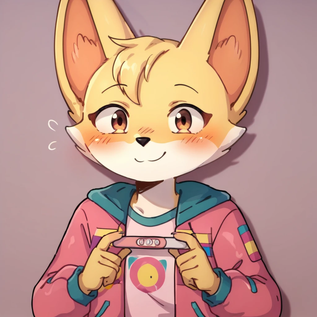 score_9, score_8_up, score_7_up, score_6_up, score_5_up, score_4_up, kit casey, fox, anthro, female, furry, holding pregnancy test, looking at viewer, headshot, blush, shy, smile, pink jacket, shirt, solo