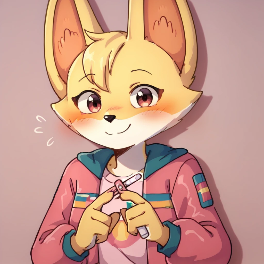 score_9, score_8_up, score_7_up, score_6_up, score_5_up, score_4_up, kit casey, fox, anthro, female, furry, holding pregnancy test, looking at viewer, headshot, blush, shy, smile, pink jacket, shirt, solo